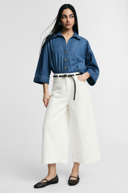 Široké palazzo nohavice s dierovanou štruktúrou